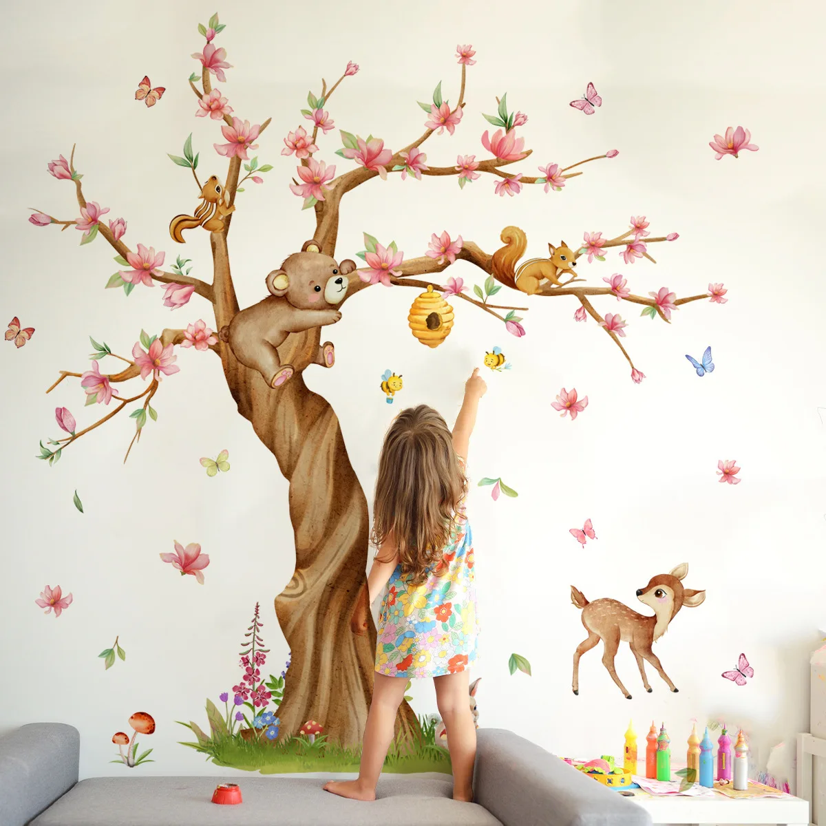 

Cartoon Flowers Butterflies Trees Animals Wall Stickers Kids Room Background Decor Mural Bedroom Decoration Self-adhesive Decals