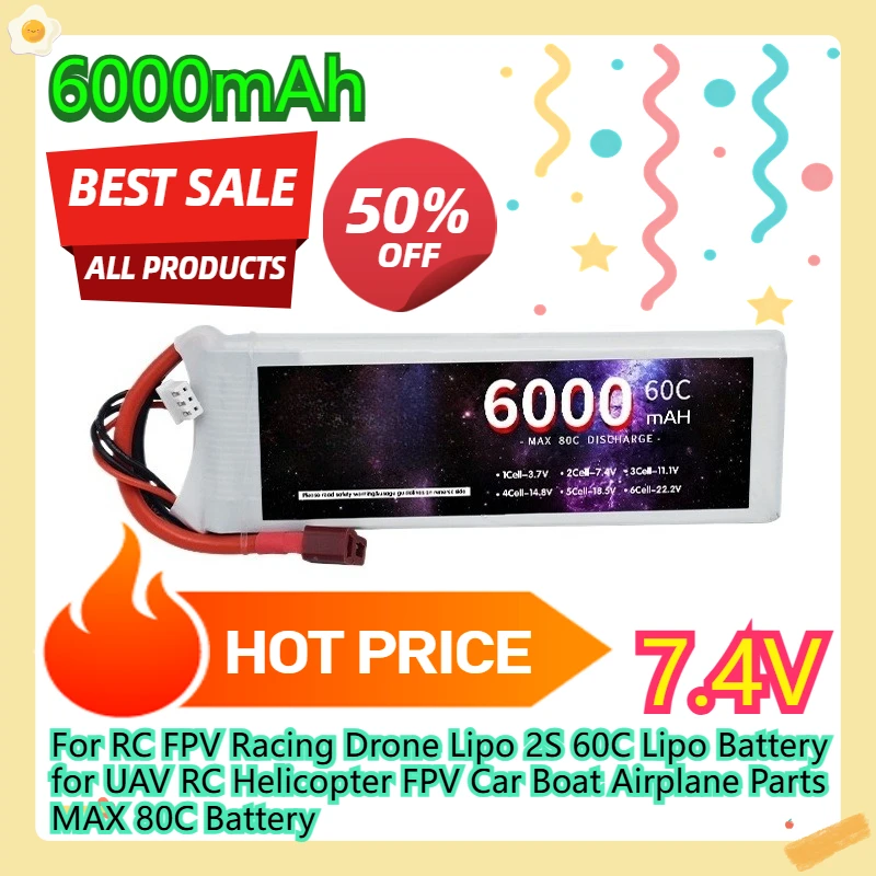

For RC FPV Racing Drone Lipo 2S 60C Lipo Battery for UAV RC Helicopter FPV Car Boat Airplane Parts MAX 80C Battery 7.4V 6000mAh