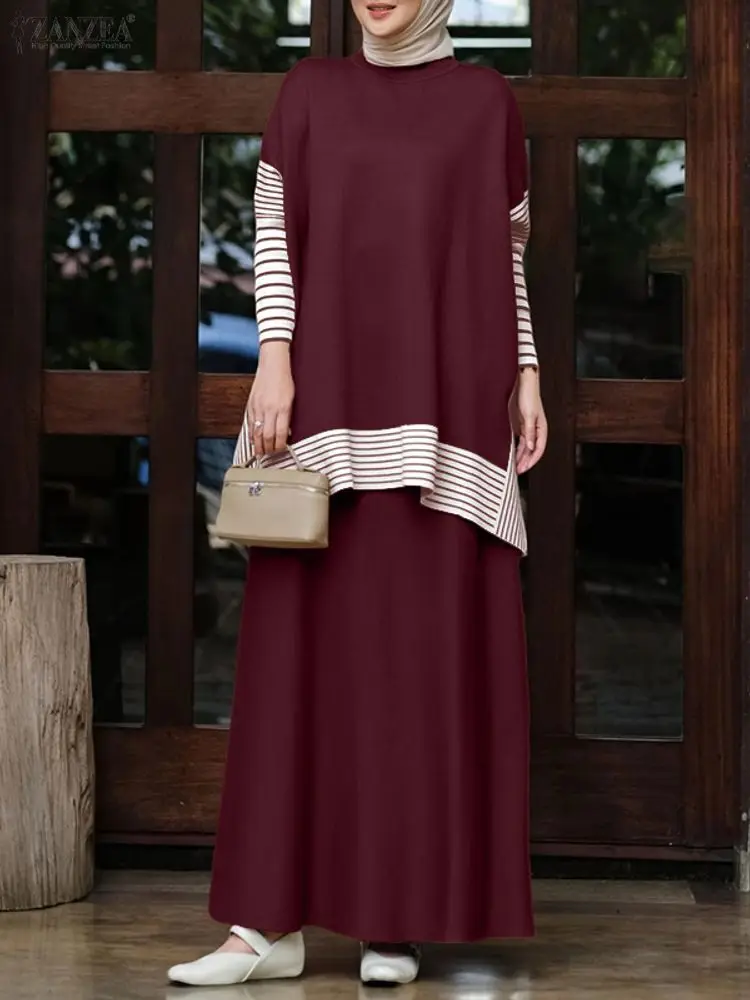 ชุดเซ็ตเสื้อแขนยาวและกระโปรงถักไหมพรมลายปะติดปะต่อ ZANZEA คอลเลคชั่นฤดูใบไม้ร่วง 2025 ชุดเข้าเซ็ตแฟชั่นสำหรับผู้หญิงมุสลิม ชุดสองชิ้นสำหรับฤดูหนาว