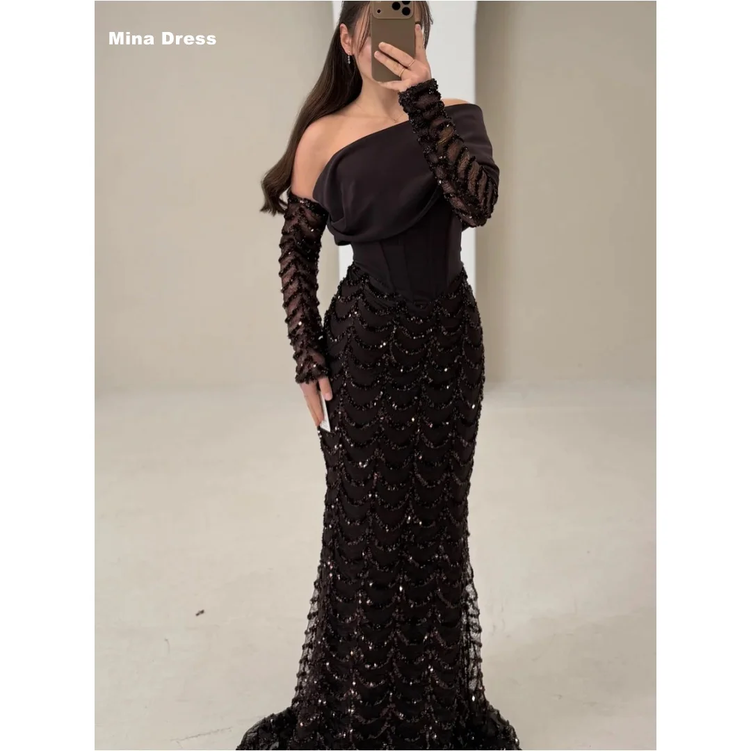 Mina Maßgeschneiderte Braune Elegante Partykleider für Besondere Anlässe mit Pailletten Langärmlige Bestseller-Kleider mit schrägen Schultern