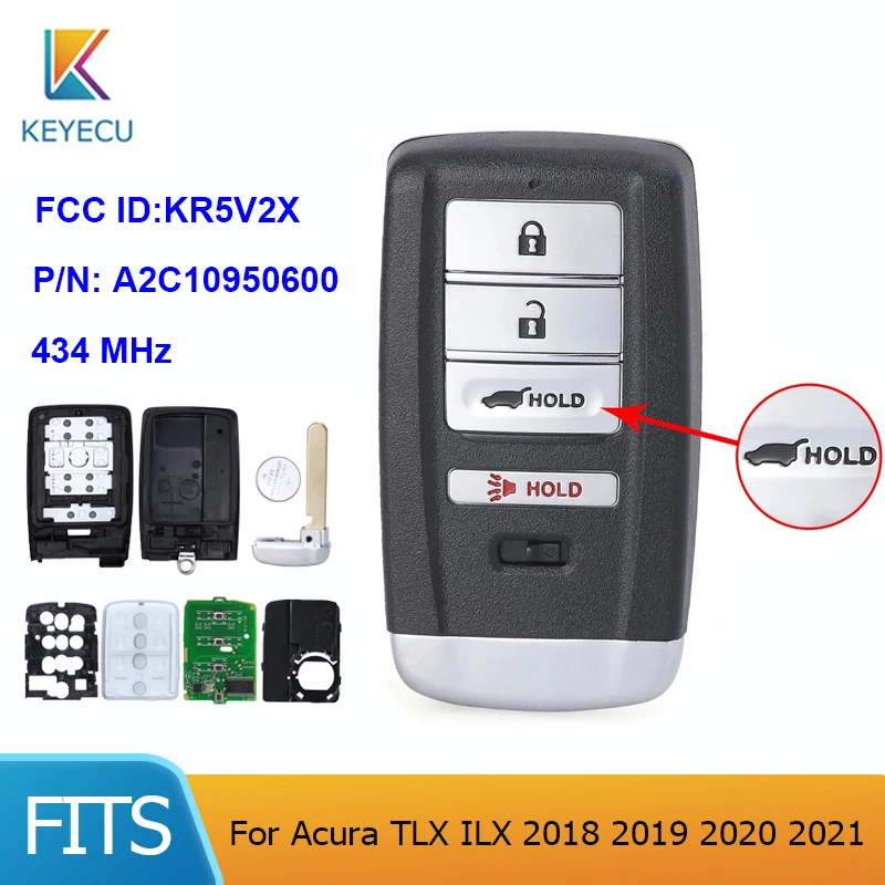 

KEYECU FCC: KR5V2X 434MHz P/N: A2C10950600 FSK 4 Buttons Keyless Smart Remote Car Key for Acura TLX ILX 2018 2019 2020 2021