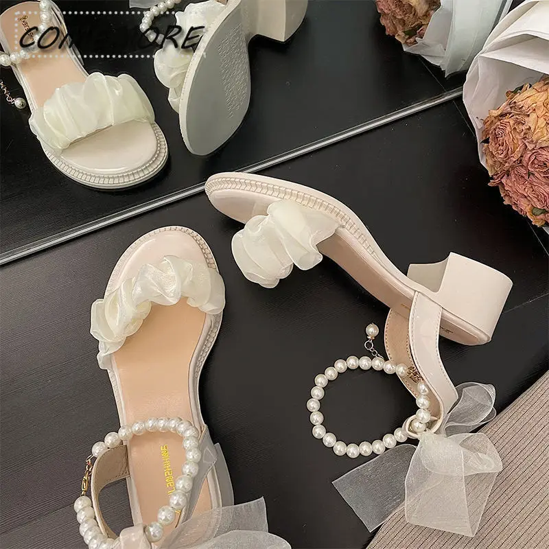 Middle Heels Elegant Female Sandal Fashion Women Platform Sandals Shoes 2024 Casual Buckle Strap Luxury Beige Comfort Round Toe