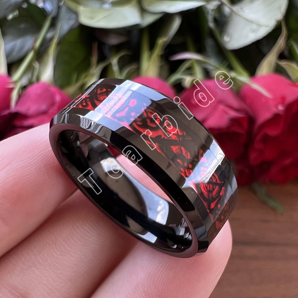 8MM Black Mens Womens Tungsten Carbide Engagement Wedding Ring With Red Opal Dragon Inlay Superior Gift Jewelry Comfort Fit