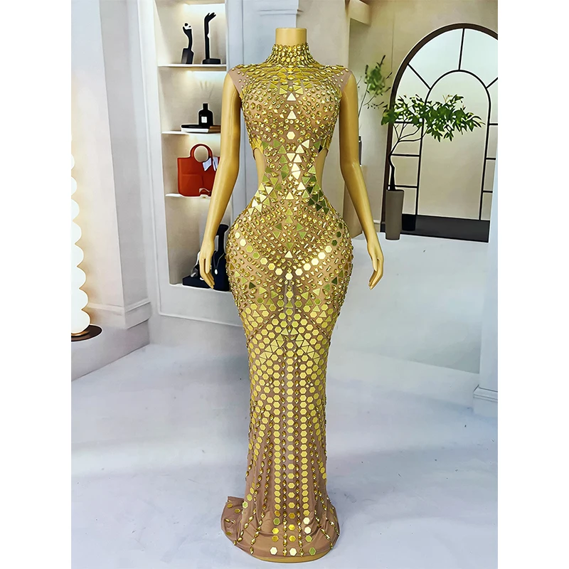 New Luxurious Gold Mirrors Rhinestones Floor Length Transparent Outfit Dance Costume Birthday Performance Dresses