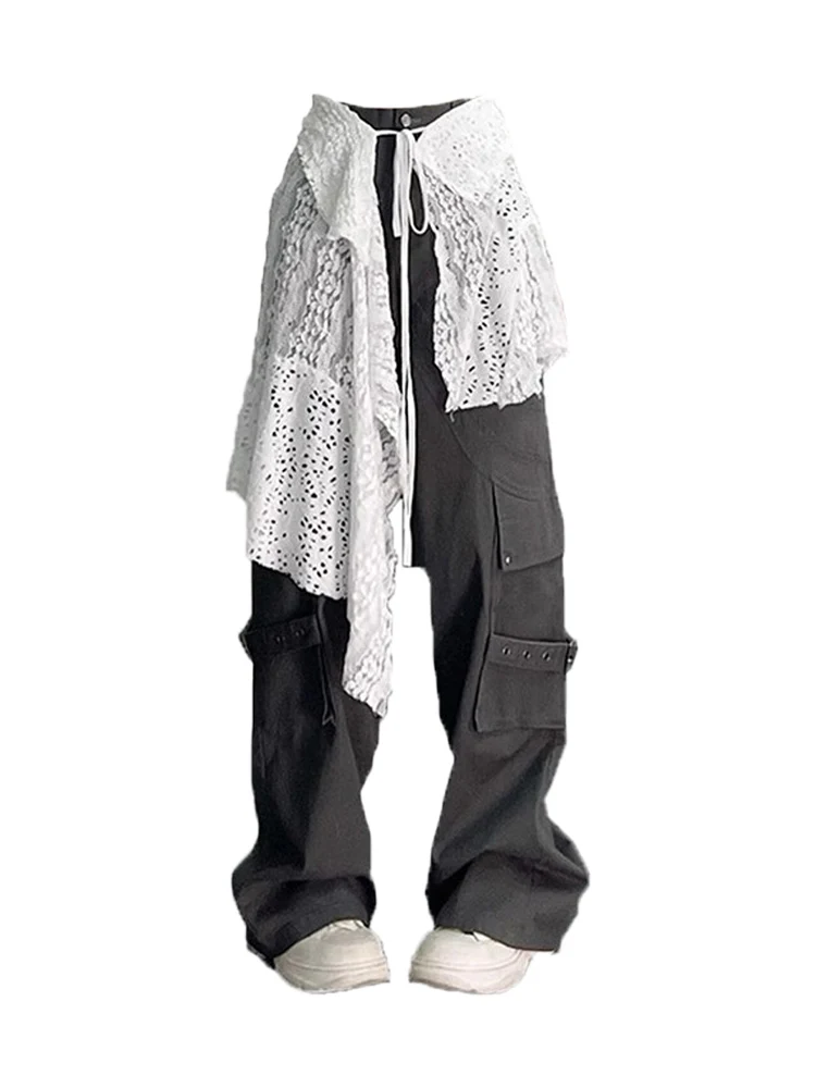 الأمريكية الحلو فتاة باردة العمل السراويل النسائية ربيع الخريف تصميم جديد فستان من الدانتيل تقليم فضفاض الطابق طول السراويل