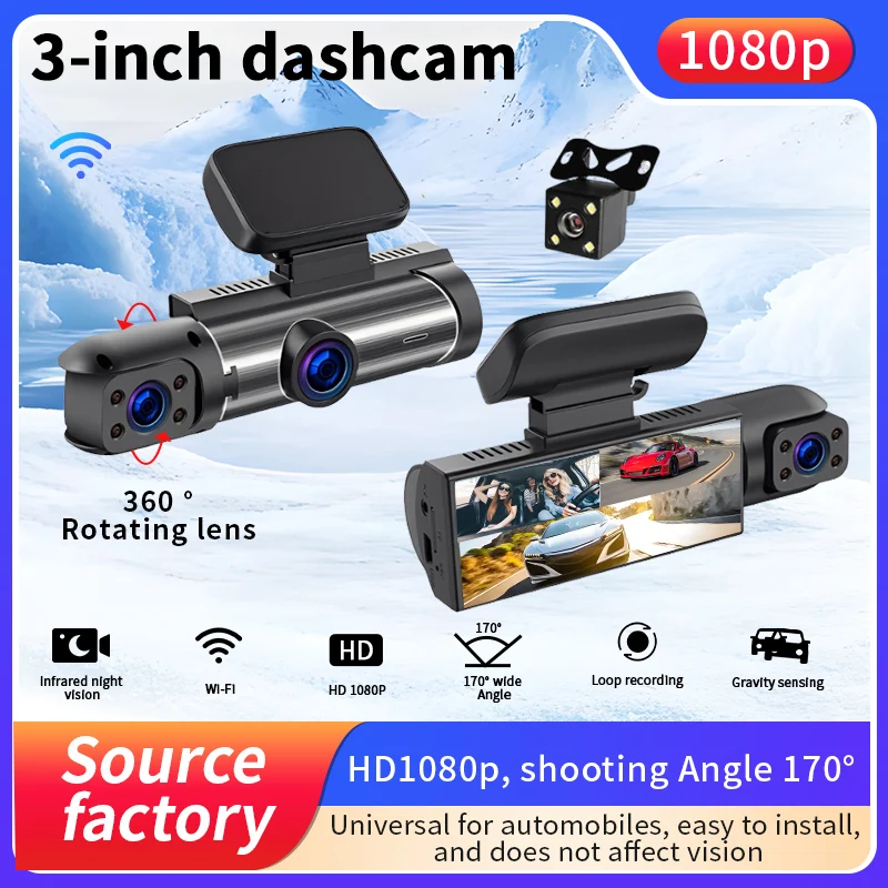 

1080P in-car 3-inch WIFI dashcam , 360° rotation, high-definition night vision, dual cameras in front of and inside the vehicle.