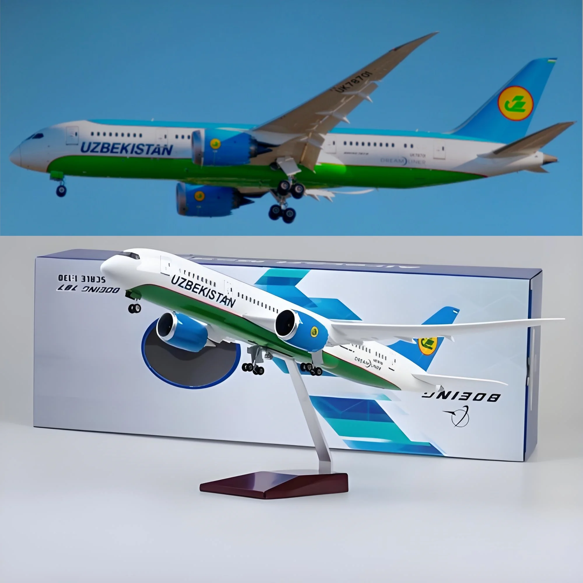 

47cm Airplane Model B787 Uzbekistan Airways Assemble Aircraft Diecast Resin Model Plane Static Display Toy With Light And Stand