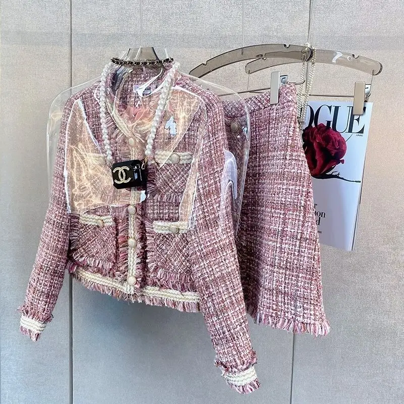 Women Vintage Elegant Chic Prom Party Suit Jacket Coat And Skirt Two Piece Set Pink Y2K Outfit Winter Jacquard Tweed Clothing