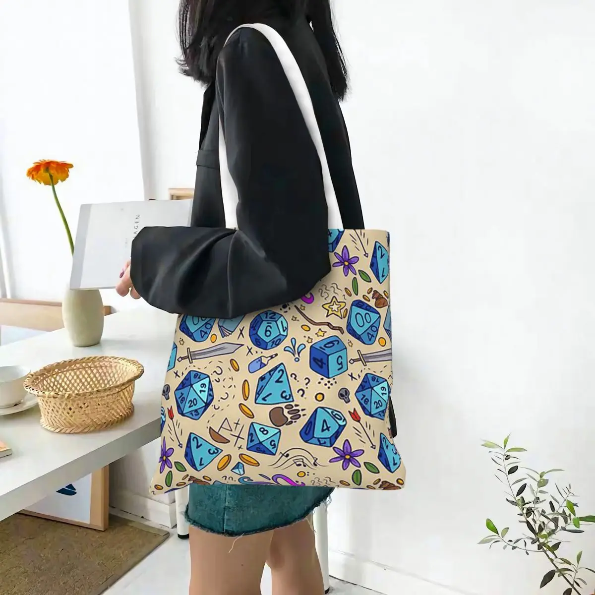 Roll Initiative Dungeon And Dragon Shopping Bags Canvas The Tote Bag Folding for Girls Shoulder Tote Travel Handbag