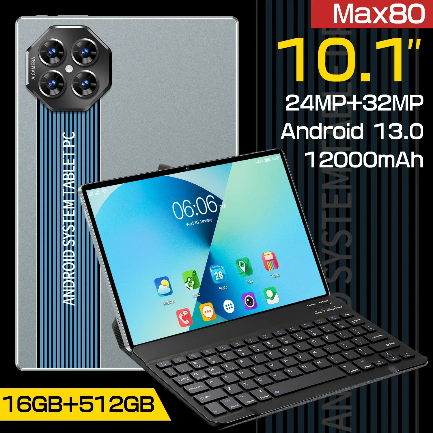 

MAX80 Android 13 Tablet: 10.1-inch HD Screen, Dual SIM Dual Standby, 16GB Memory, 12000mAh Battery, 24MP+32MP Cameras