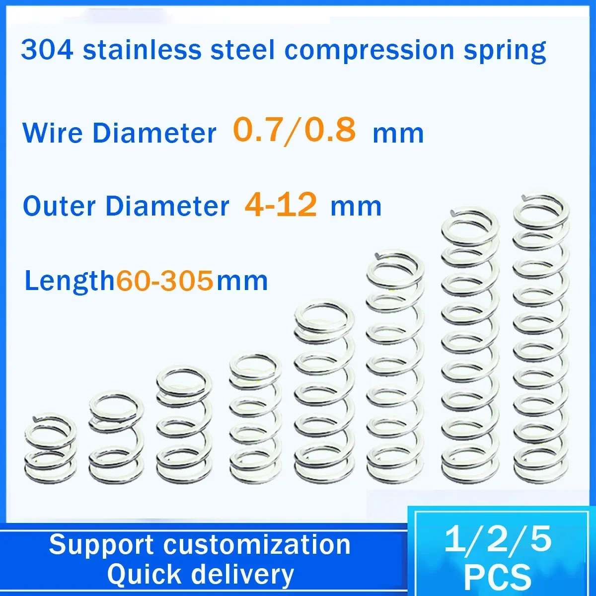 

304 Stainless Steel Compression Spring Wire Diameter 0.7/0.8mm Outer Diameter 4-12mm Length 60-305mm Customization