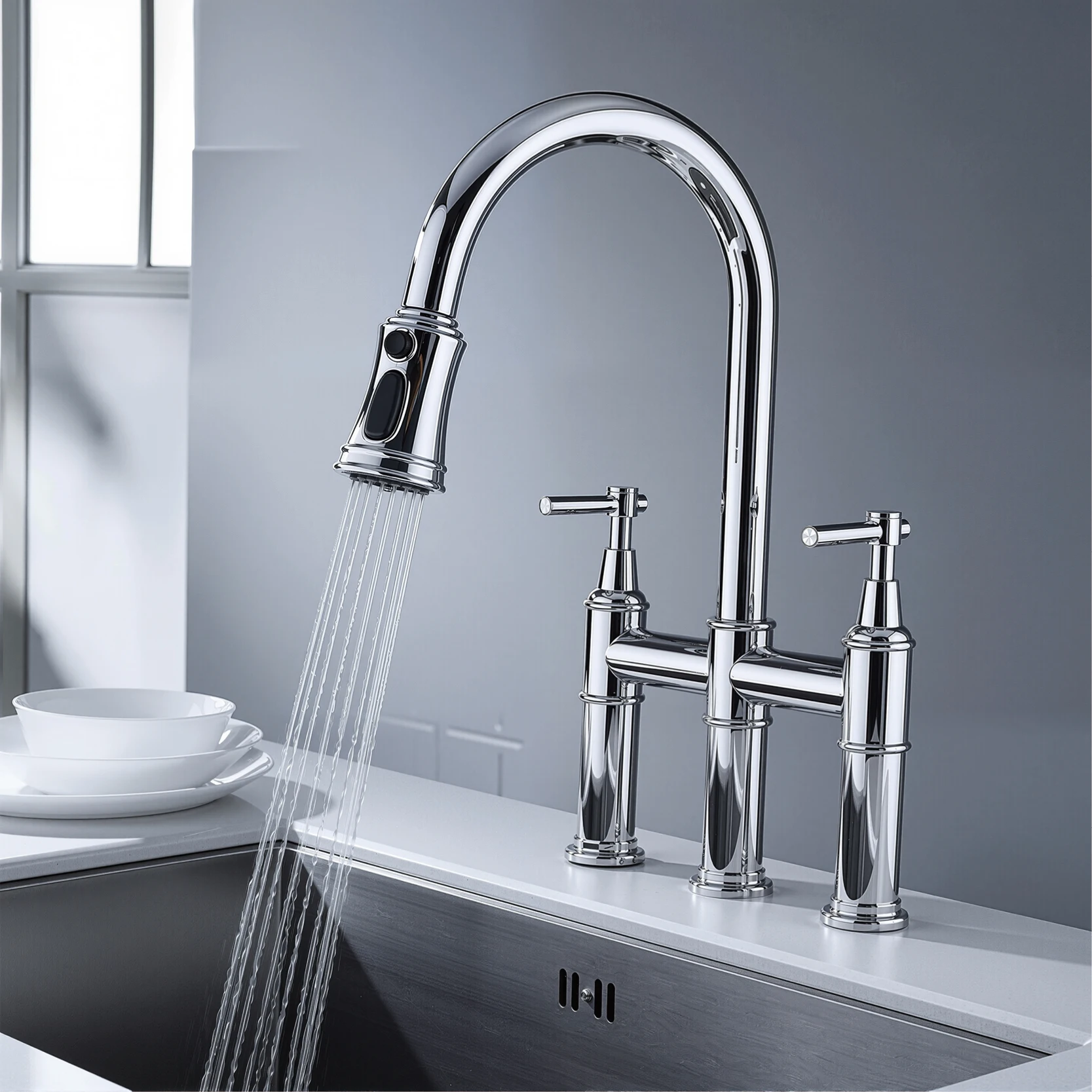 Luxury Brushed Gold Brass Kitchen Faucet, Retro American Style Dual Handle Hot Cold Water Pull Out Sprayer Kitchen Sink Tap