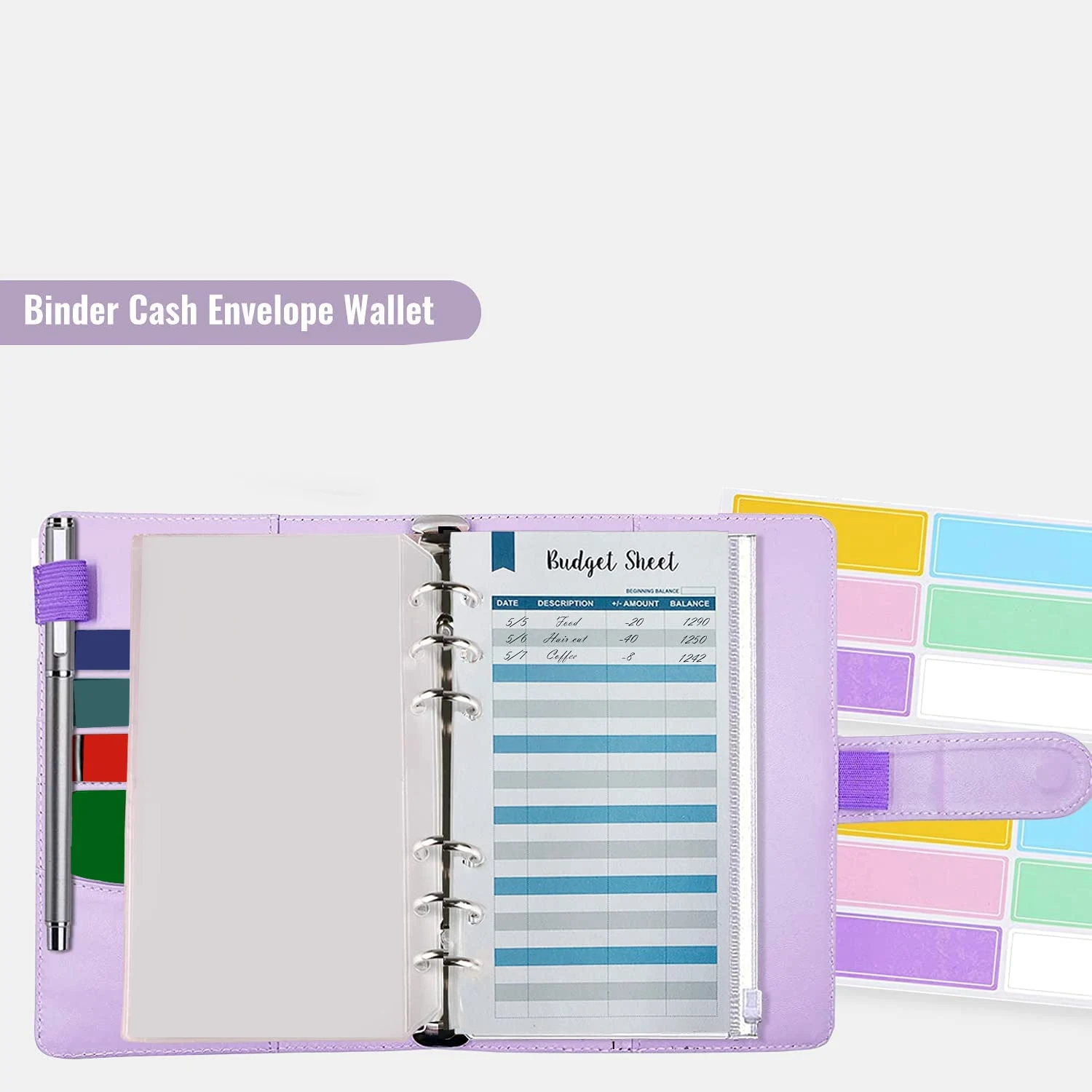 ซองเงินสดแฟ้มงบประมาณพร้อม A6ประสานและซองจดหมายพีวีซีใส12ซองกระเป๋าใส่เงิน (สีม่วง)