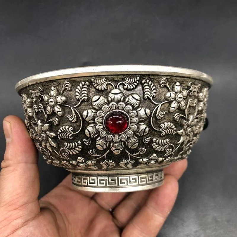 Antique Miscellaneous Collection Qing Dynasty Qianlong Era Relief Flower Bowl Home Craft Ornament