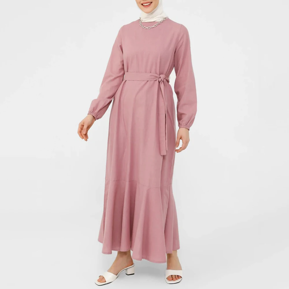 

2022 Muslim Abayas For Women Pink Casual Long Sleeve Maxi Dresses Crew Neck Loose Swing Dress Femme Daily Islamic Clothes