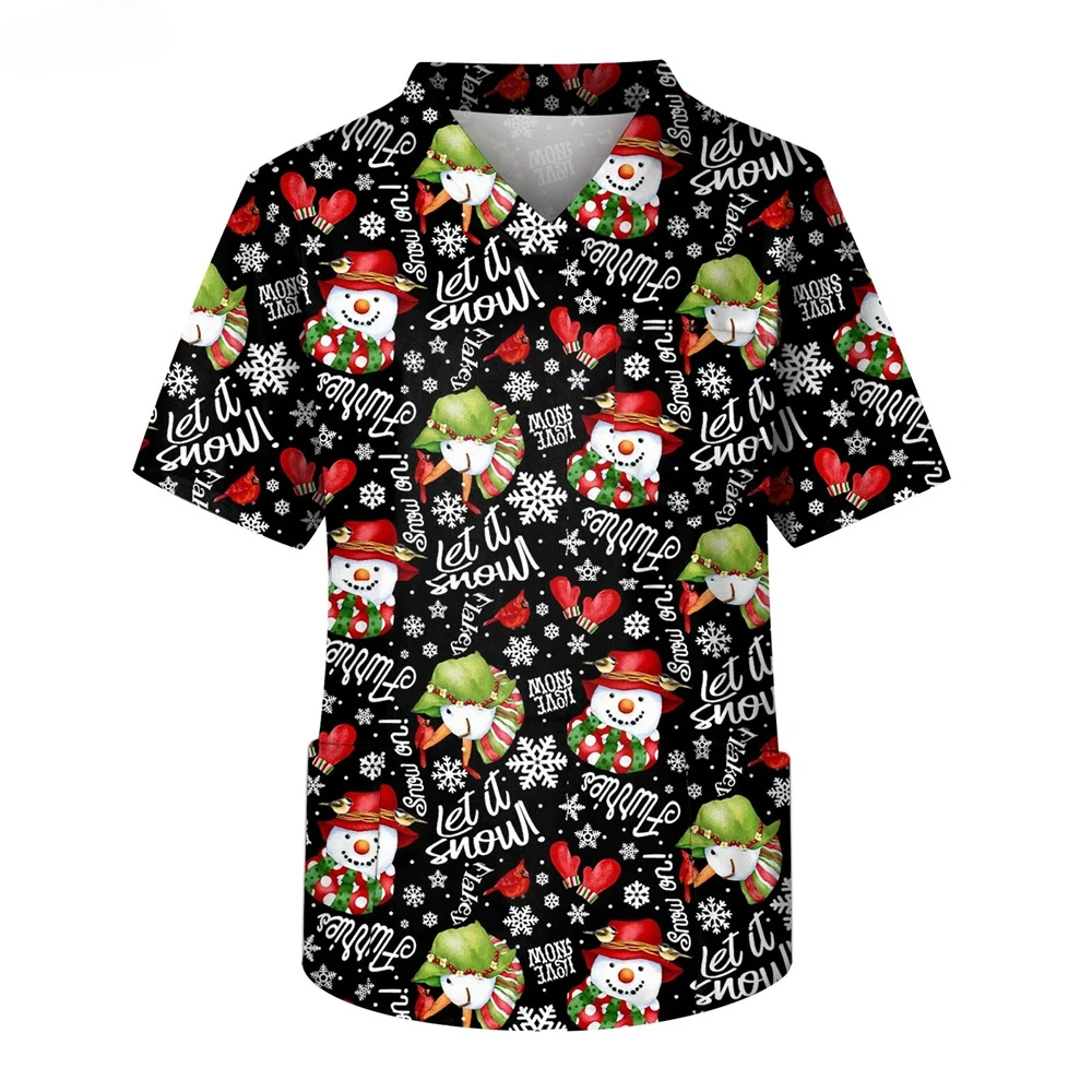 

Christmas Uniform Medical Blouses Cotton Cartoon Printed Work Wear Breathable Short Sleeved Top Doctor Nurse Medical Scrub Shirt