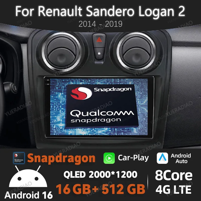 Android 16 Car Radio For Renault Logan 2 Sandero 2 2012 - 2016 2017 2018 2019 Head Unit 4G WIFI BT Multimedia Video Player QLED