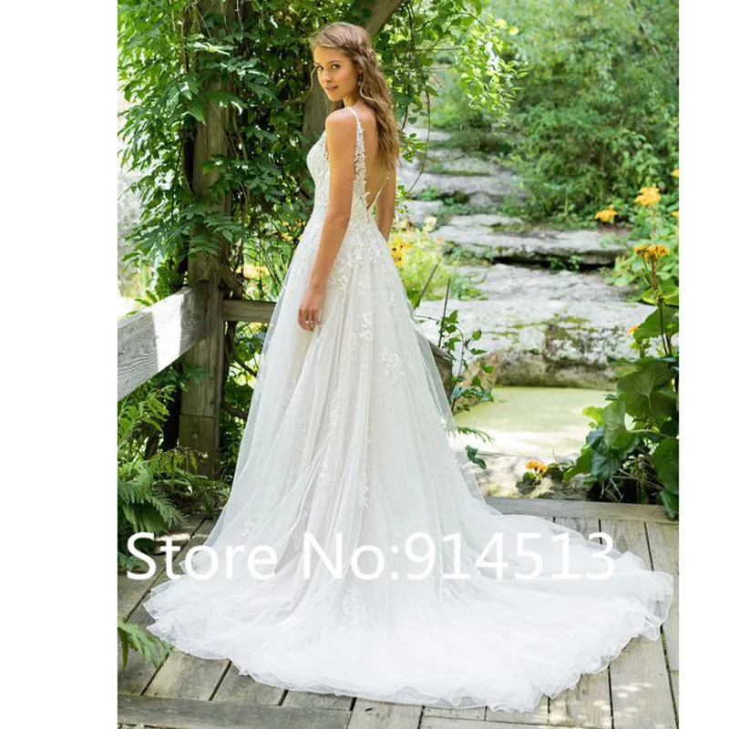 2021 Vestido De Noiva A-lijn V-hals Trouwjurk Top Kant Applicaties Bridal Dress Custom Made Jurk Sweep Trein