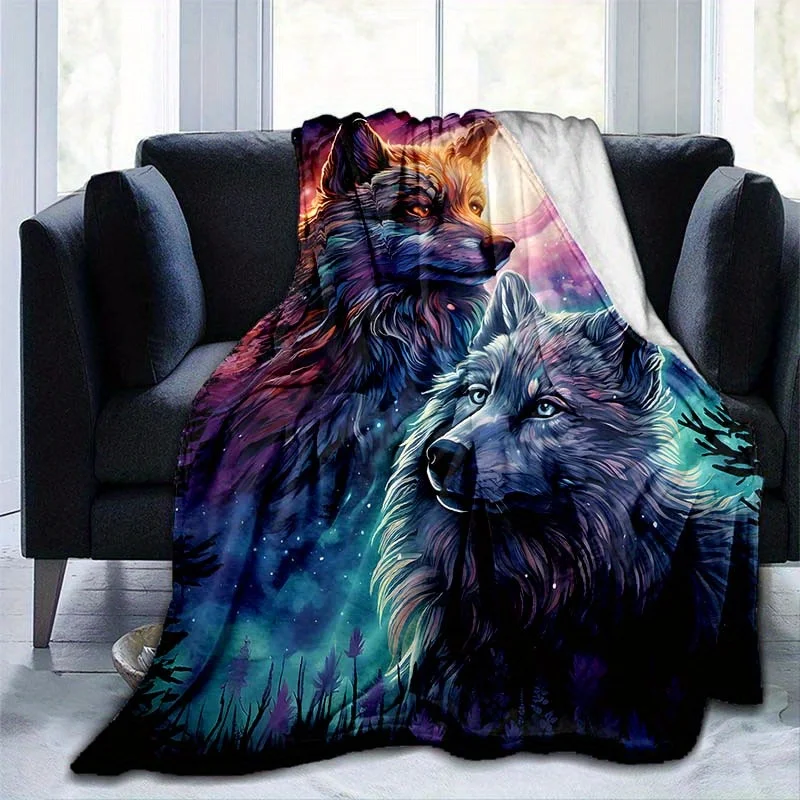 Wolf Pair Cosmic Sky Art Print Flannel Blanket Animal Lover Gift Fantasy Design Soft Throw