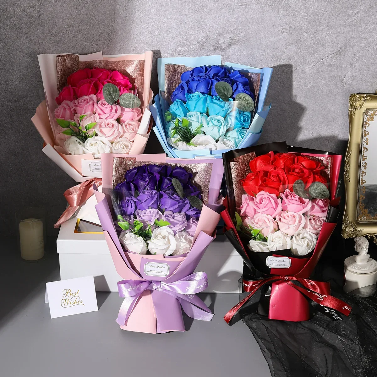 1 unidad de regalo del Día de la madre, 18 rosas con apertura de ventana, ramo de jabón, caja de regalo, regalo del Día de San Valentín de la madre, flores falsas
