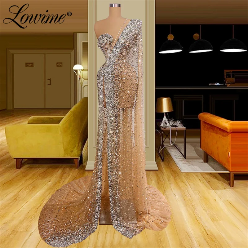 Lowime Champagne Heavy Beading Plus Size Arabic Dubai Evening Dresses Long Luxury 2022 Celebrity Party Dress Gowns Abendkleider