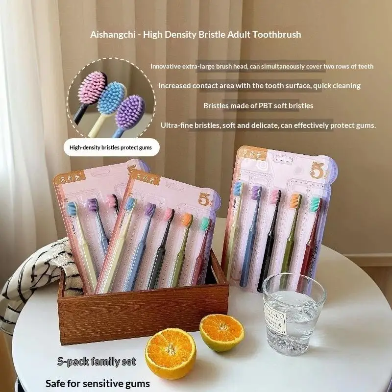5 Pack Wide Head Soft Bristle Toothbrush Deep Plaque Removal Oral Cleaning Tool for Whole Family