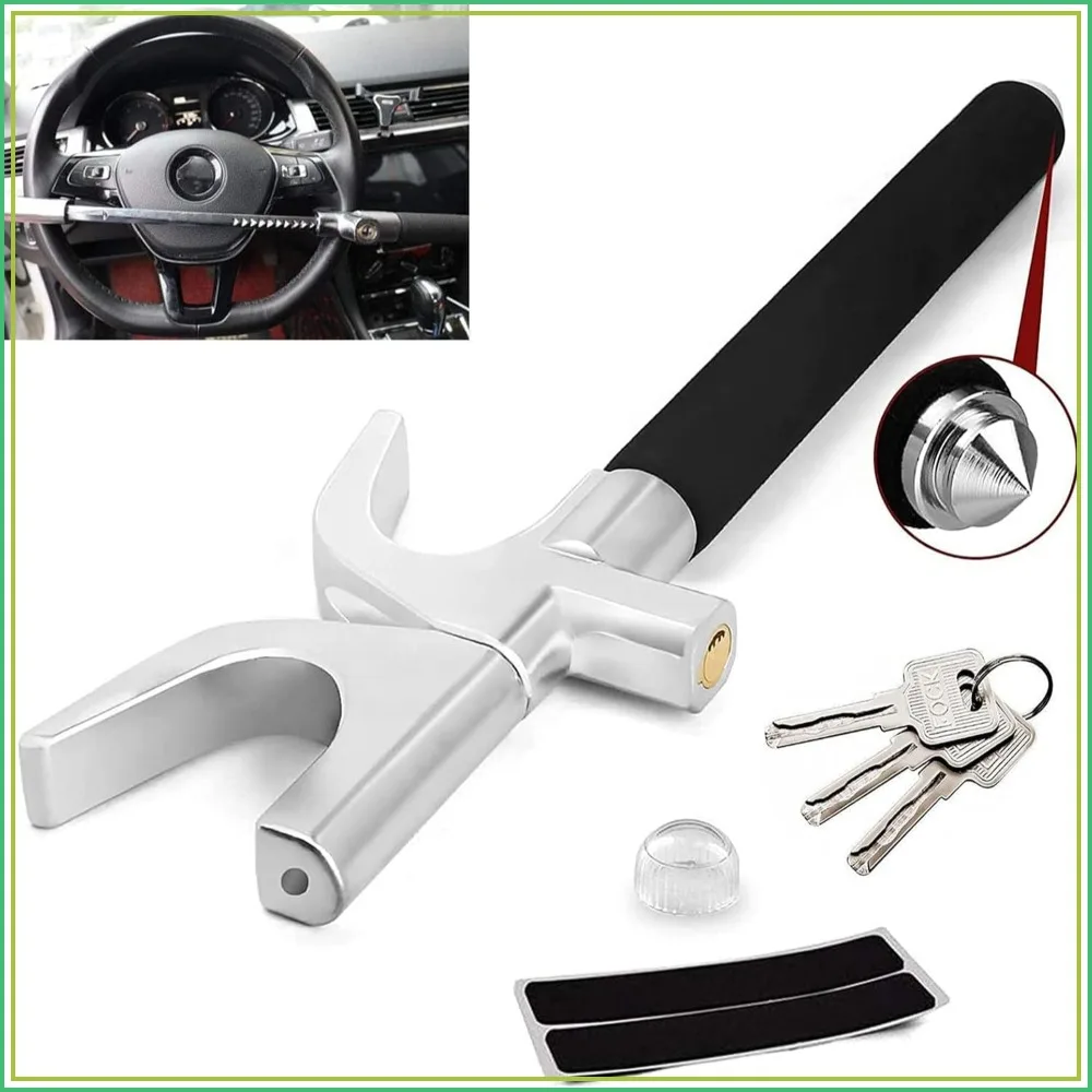 Universal Car Steering Wheel Lock with Safety Hammer, Adjustable Anti-Theft Device, 3 Keys Included