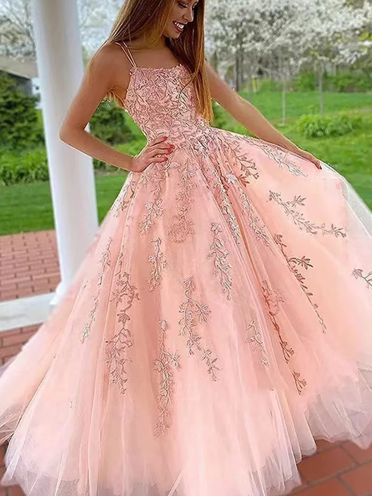 Customized Spaghetti Straps Evening Dresses Graceful Appliques Tulle Prom Party Gowns Princess Graduation Vestido De Fiesta