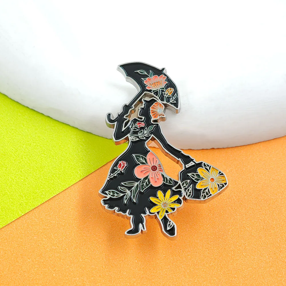 Mary Poppins Emaille-Anstecknadel Klassische Fliegende Regenschirm-Brosche Vintage Silhouette Blumen-Abzeichen Magische Nanny-Anstecknadeln Rucksack-Fans Geschenk – Detail 8