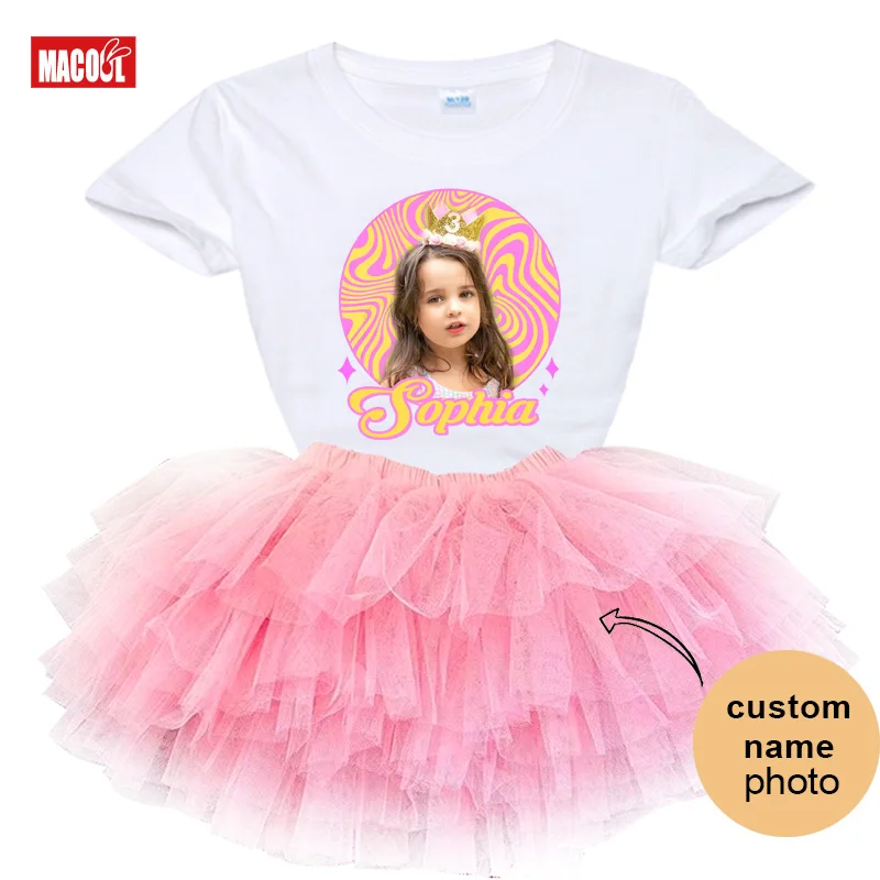 

Personalized Girls Tutu Outfit Custom Photo Name Kids Dress Skirt Outfit Customized Birthday Party Princess Skirt Set Toddler