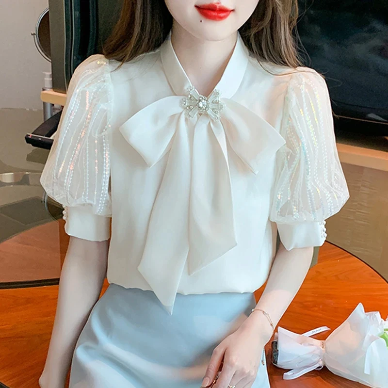 Fashion Bow Collar Apricot Chiffon Blouse Shirt Women Tops Blusas Mujer De Moda 2024 Verano Short Sleeve Blouse Women Blusa G587