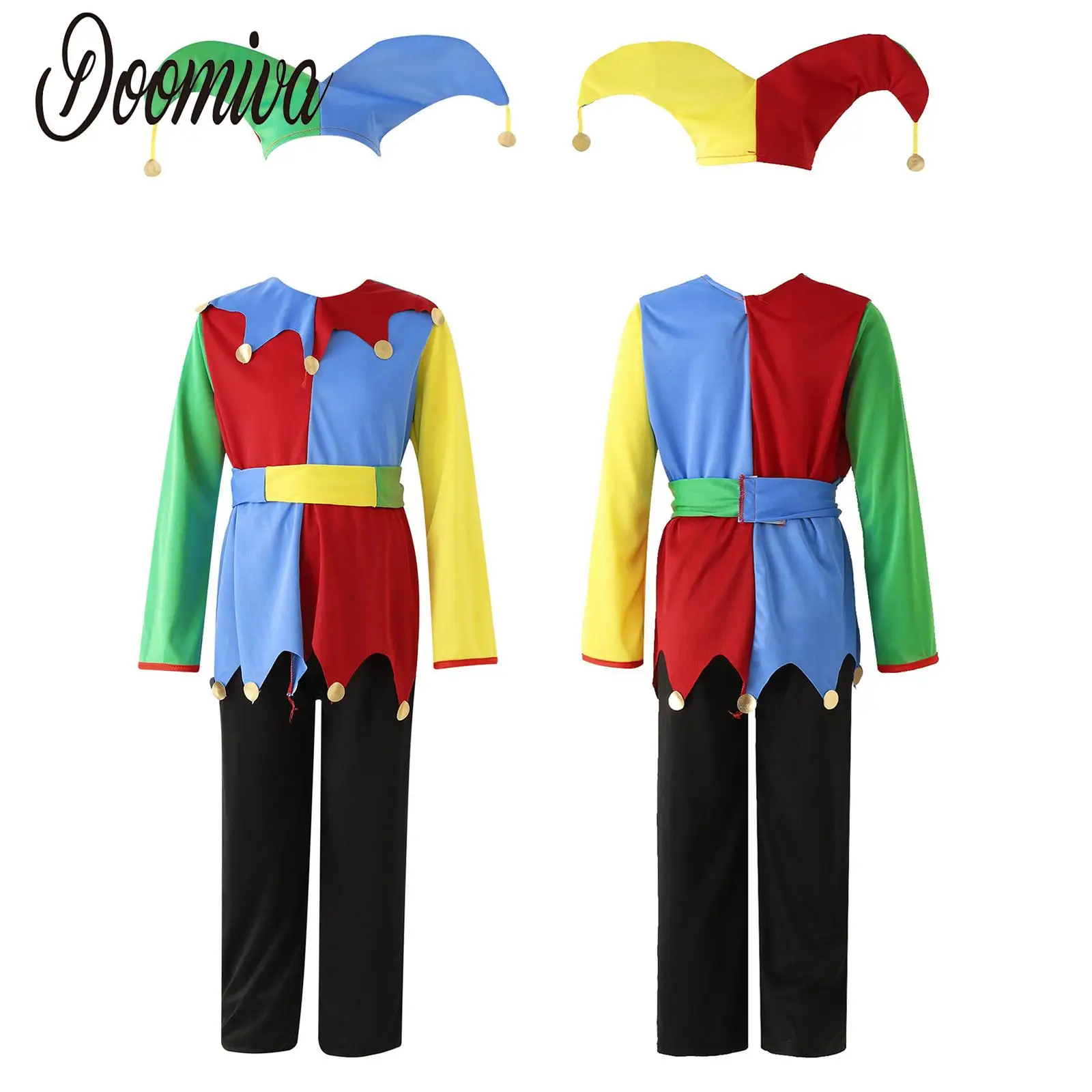 Boys Girls Circus Clown Halloween Fancy Dress Costume for Kids Color Block Dress Clown Hat Pants Set Clowns Cosplay 4-14 Years