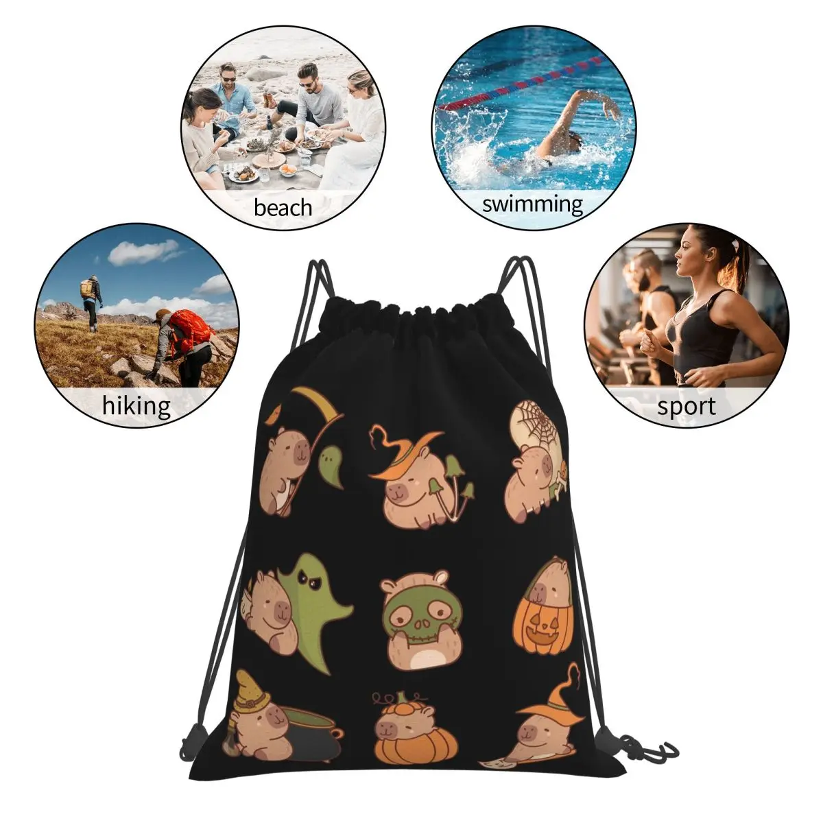 Cute Halloween Capybara Set Backpacks Fashion Portable Drawstring Bundle Pocket Shoes Bag Book Bags For Man Woman School