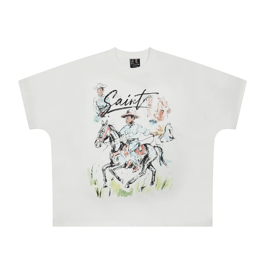 

Cartoon Cowboy Riding a Horse Saint T-Shirt Men Women Oversized T Shirt Tee Top