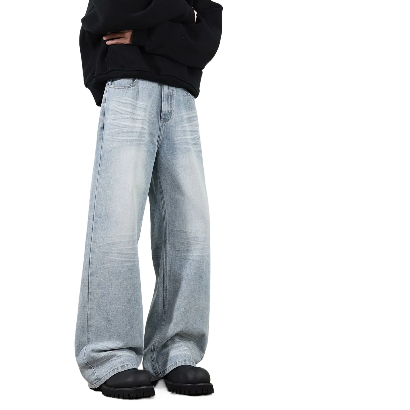 American Retro Crack-washed Distressed Lightning-shaped Flared Jeans High Street Loose Jeans for Both Men and Women Man Pants