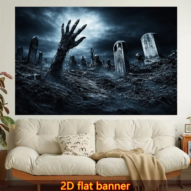 1pc Stylish 2D Flat Printed Wall Tapestry, Graveyard, Zombie Hand, Stormy Sky. Room Decoration and Party Theme for Living Room or Dormitory, Home Decor, Decorative Tapestry