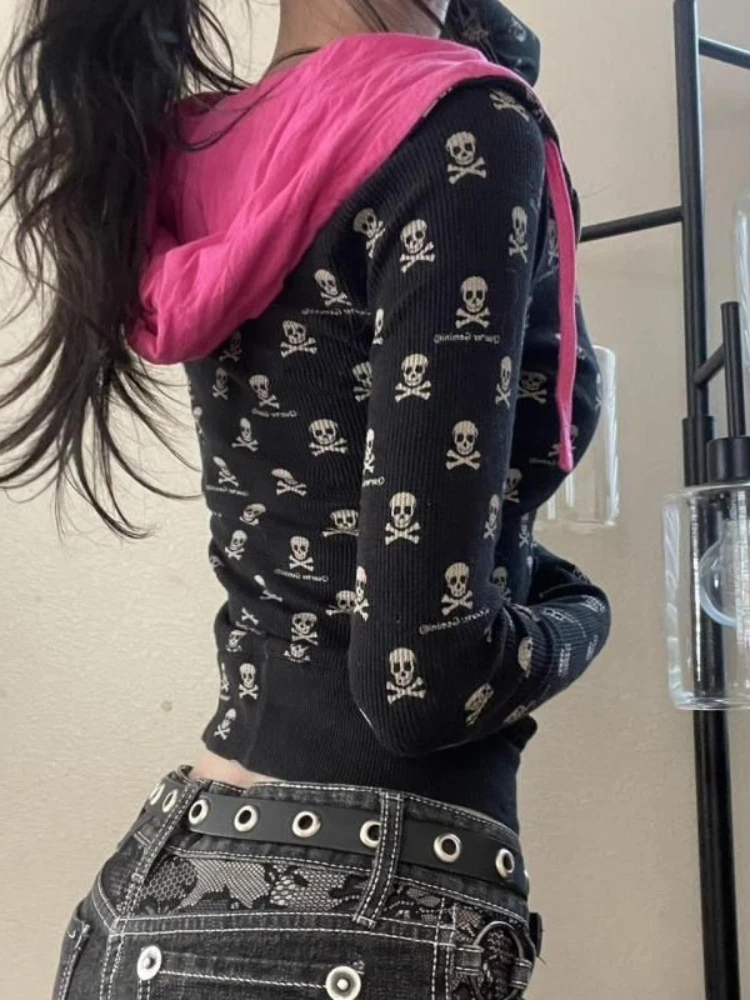 New Vintage Punk Black Skull Printed Cardigan Women American Dark Academia Slim Thin Jacket  Hign Street Casual Clothes Spring