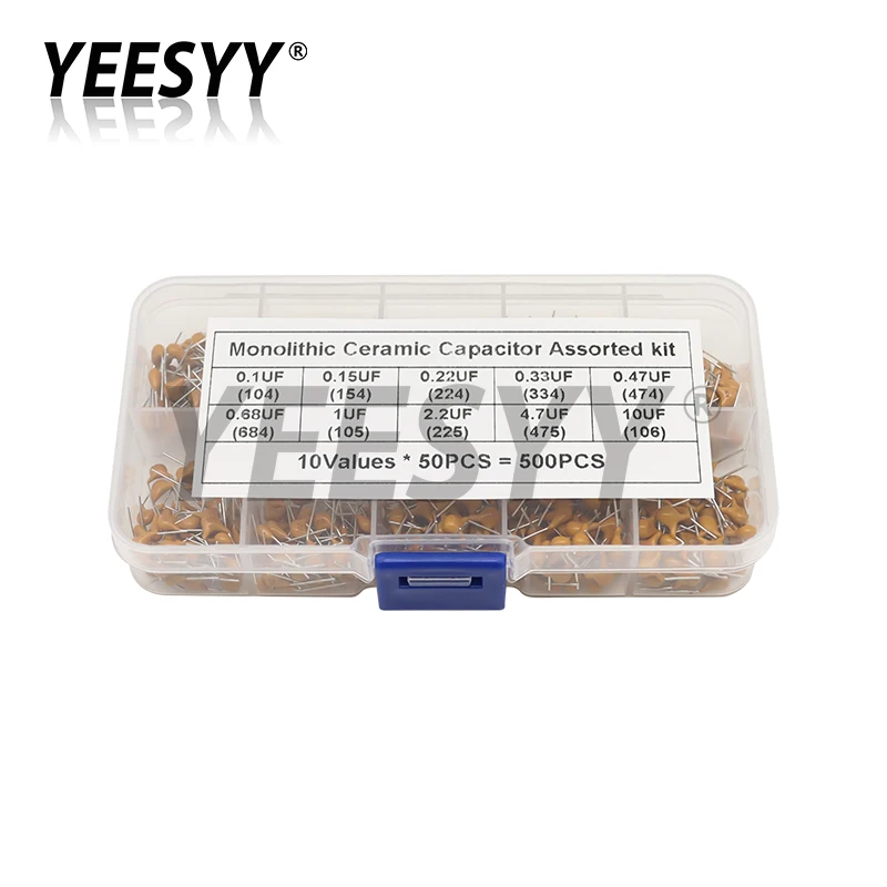 500pcs Multilayer Ceramic Capacitor Assorted Kit 50V 10values*50pcs 0.1uF - 10uF Monolithic Capacitance Set with Box