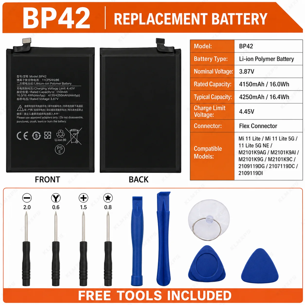 Replacement Phone Battery BP42 4250mAh for Xiaomi Mi 11 Lite Mobile Battery Pack High Capacity Stable Power Repair Part