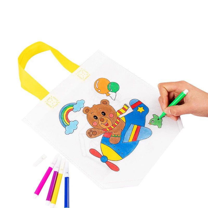 5pcs Children Graffiti Bags with Markers Cartoon Color Painting Non Woven Environmentally Friendly Bags Puzzle Drawing Toys TMZ