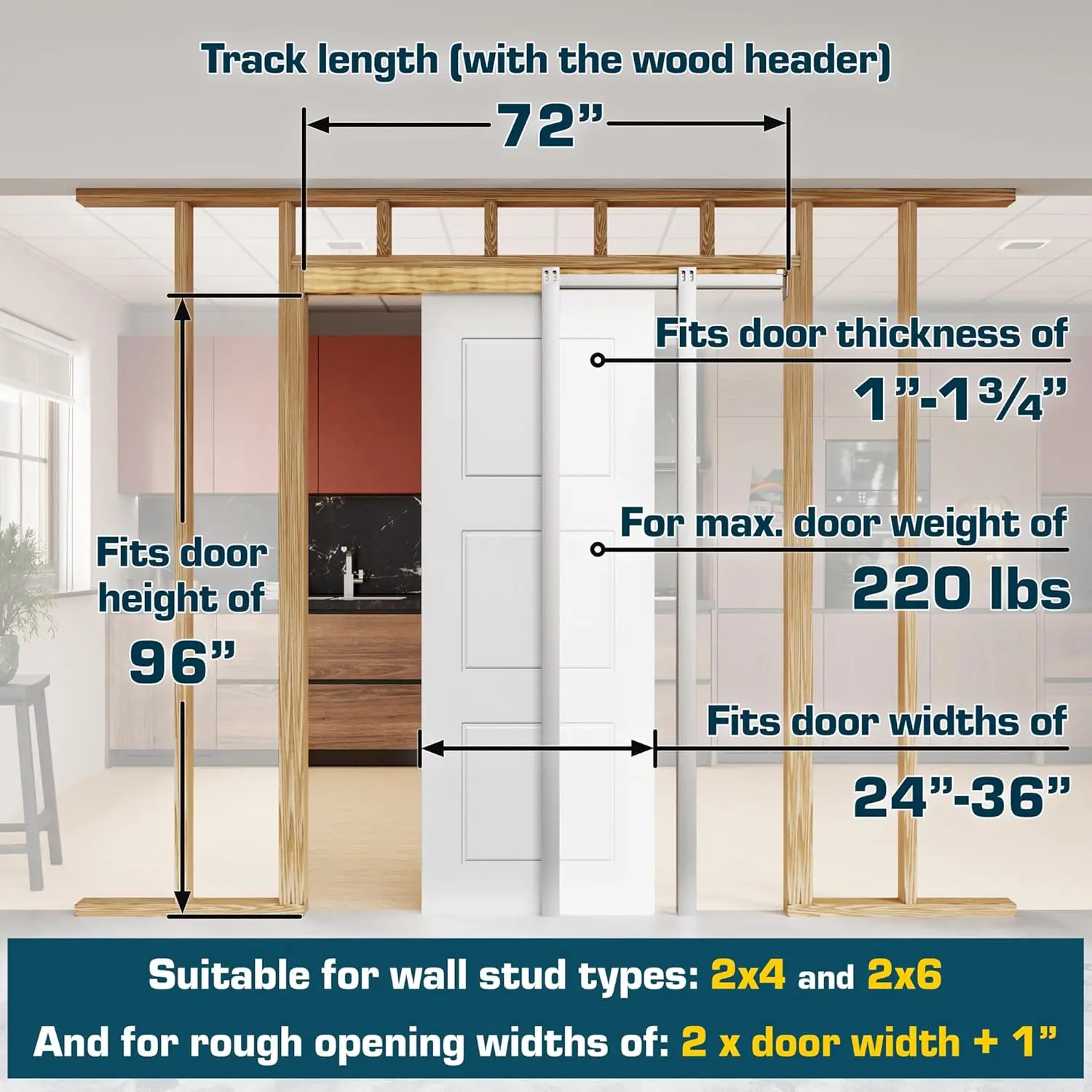 Adjustable sliding track kit for 24-36 X 96-inch closet door - soft closing pocket door hardware