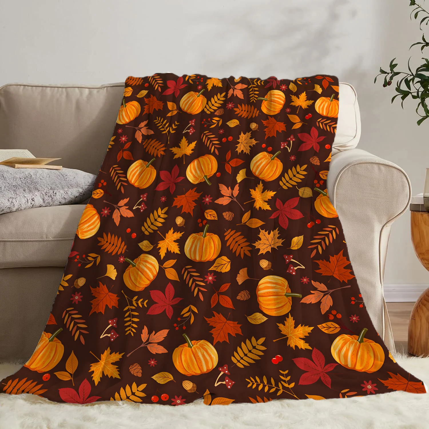 Herbst-Thanksgiving-Überwurfdecke, Ahornblatt-Kürbis-Flanell-Druckdecke, superweiche, gemütliche Nickerchendecke, perfektes Zuhause, Geschenk für Sie
