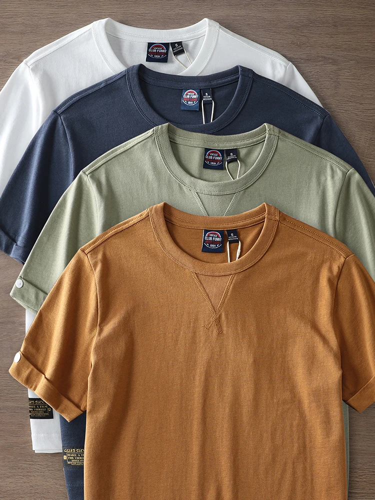 

Summer New American Retro Heavyweight Short-sleeved O-neck Solid Color T-shirt Men's Fashion Simple Washed Casual Sport Tops