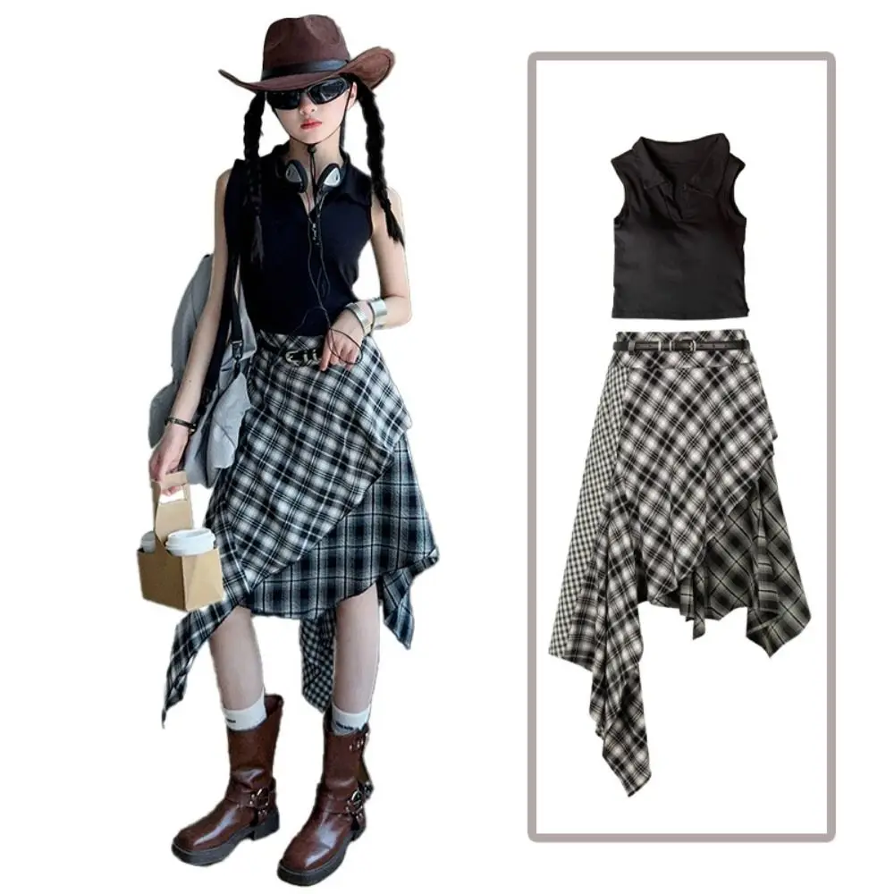 

Cool Plaid Pleated Girls Clothes Set Short Sleeve Teens Kids Midi Skirt Set y2k Outfits Irregular Children Shorts Suit Students