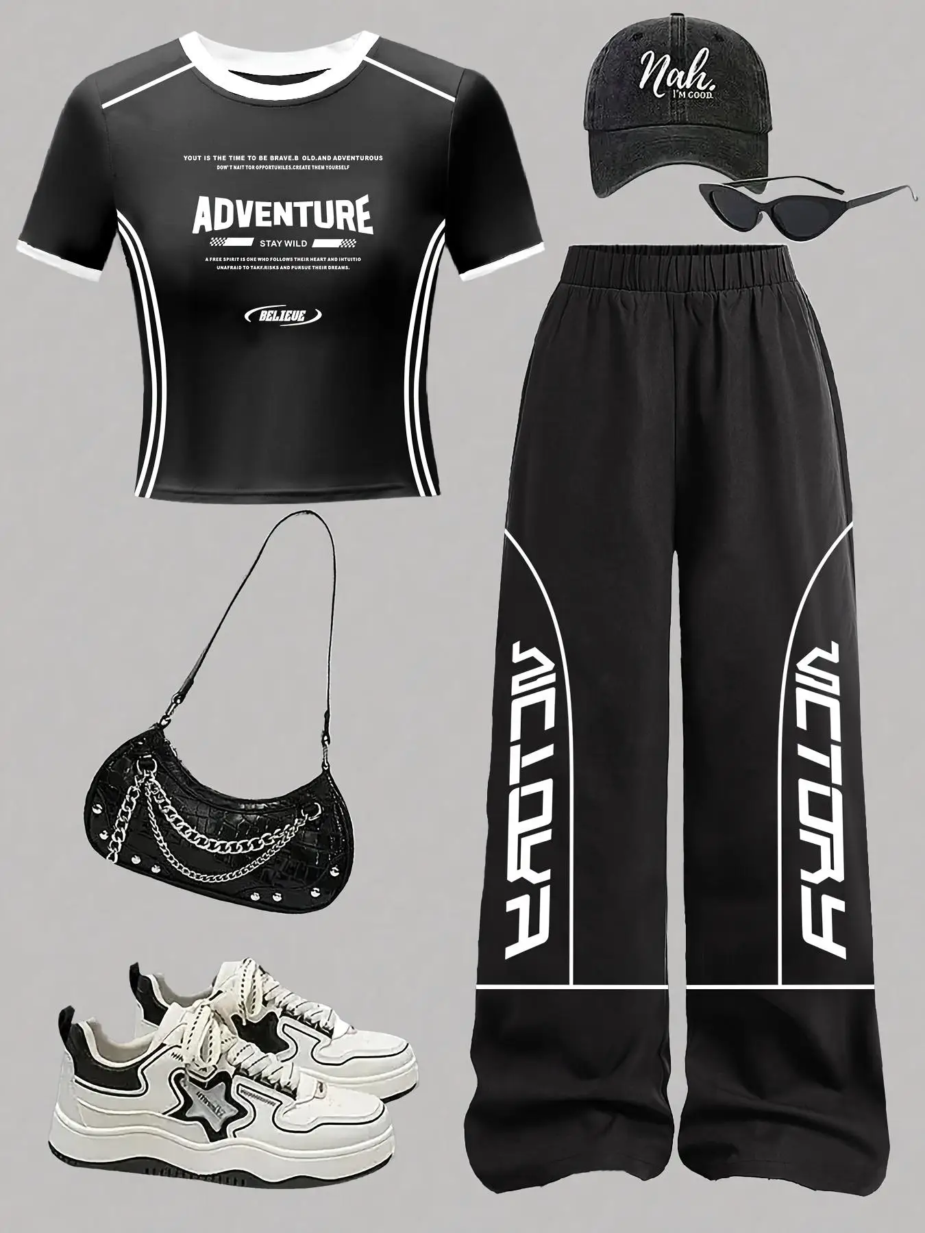 Conjunto informal de verano y otoño para niñas: camiseta negra de manga corta + pantalones anchos, conjunto de dos piezas con estampado de letras en inglés, conjunto moderno y elegante adecuado para niñas de 8 a 12 años, ropa moderna y versátil