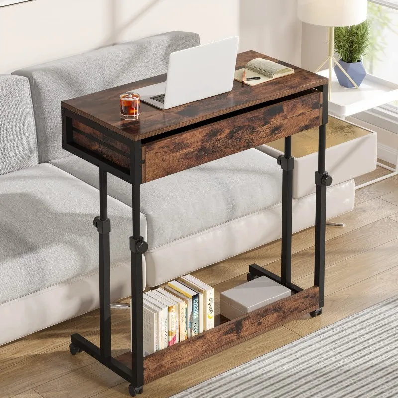 Modern Portable Mobile Laptop Desk with Drawers Wheels Small Standing Home Office Desk with Sofa Side Table Bed Desk Design