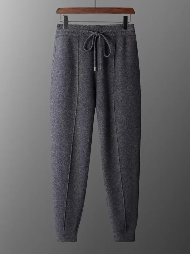 Classic Autumn Winter Trousers Men's Pencil Pants 100% Merino Wool Pants Casual Lace-up Thick Warm Knit Middle Seam Sweat Pants