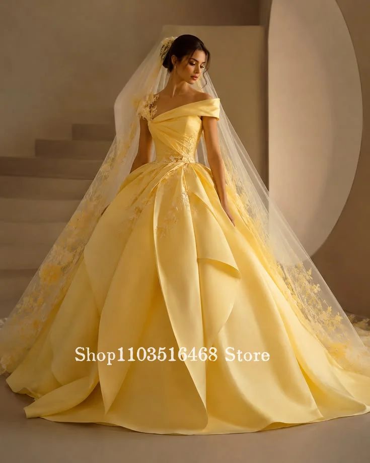 Customized Cream-Yellow Off-Shoulder Luxury Wedding Dress Sweet Lace Satin Ball Gow, Candy Princess Ball Gown Garden Wedding2026