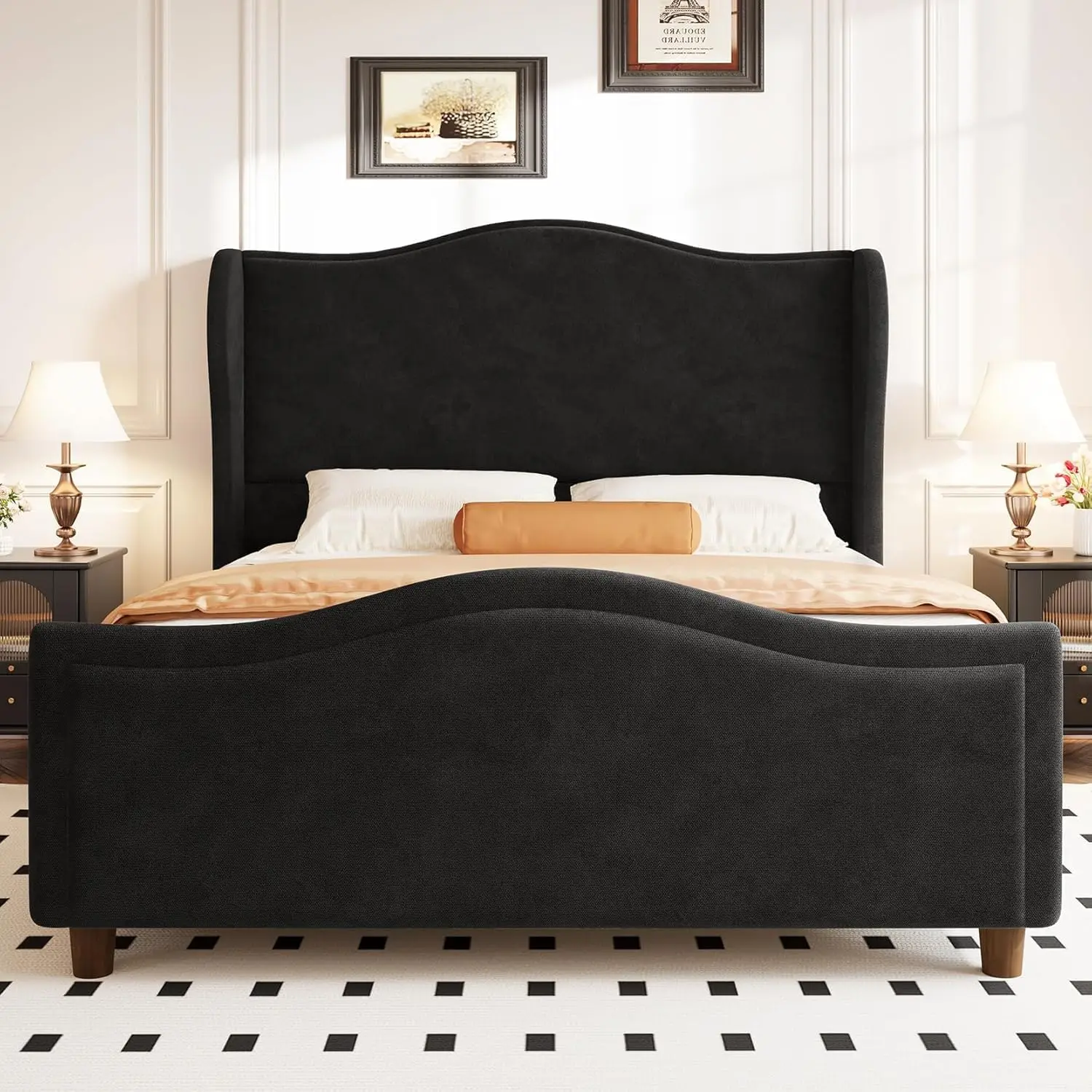 

King Size Bed Frame Fully Upholstered Platform Bed with 51 High Headboard Tufted Footboard Soft Chenille Fabric Modern