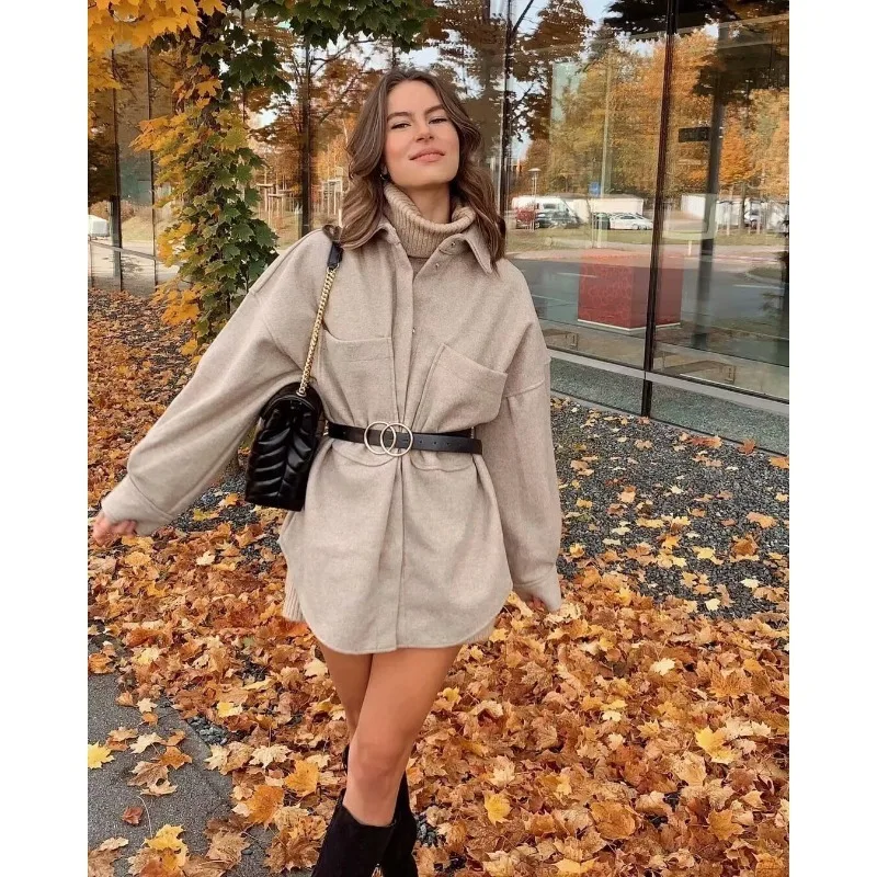

Fashion Lapel Big Pockets Women Top Solid Full Sleeve Single Breasted Pleated Long Coat 2025 Lady Autumn Chic Casual Coats
